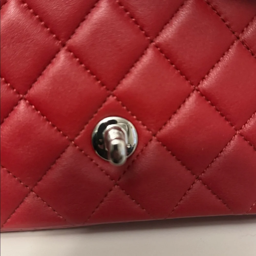 Authentic Chanel Classic Red Quilted Rectangle Mini Lambskin Bag